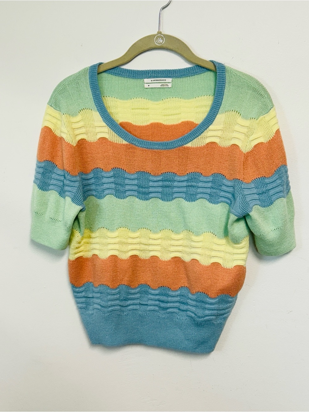Anthropologie Colorblocked Novelty-Stitch Scalloped Striped Wave Tee Womens M - Picture 2 of 16